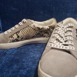 Steve Madden Taupe Suede Sneakers with Gold Snake-Print Panels